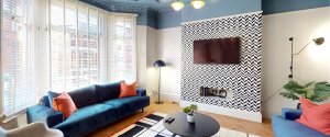 Modern lounge in a Liverpool house share designed for young professionals